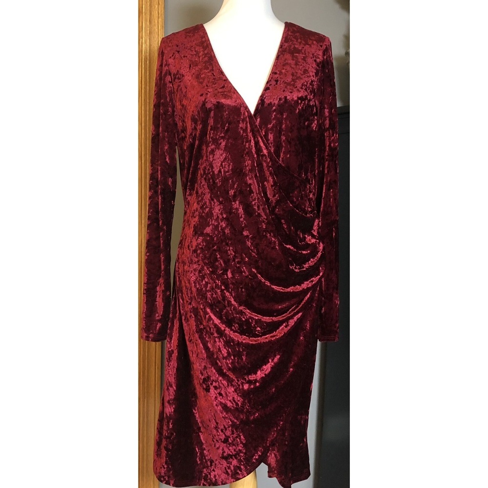 Vtg K Jen Velvet Dress Womens L Ruched Plunging Neck Burgundy USA Made Classic